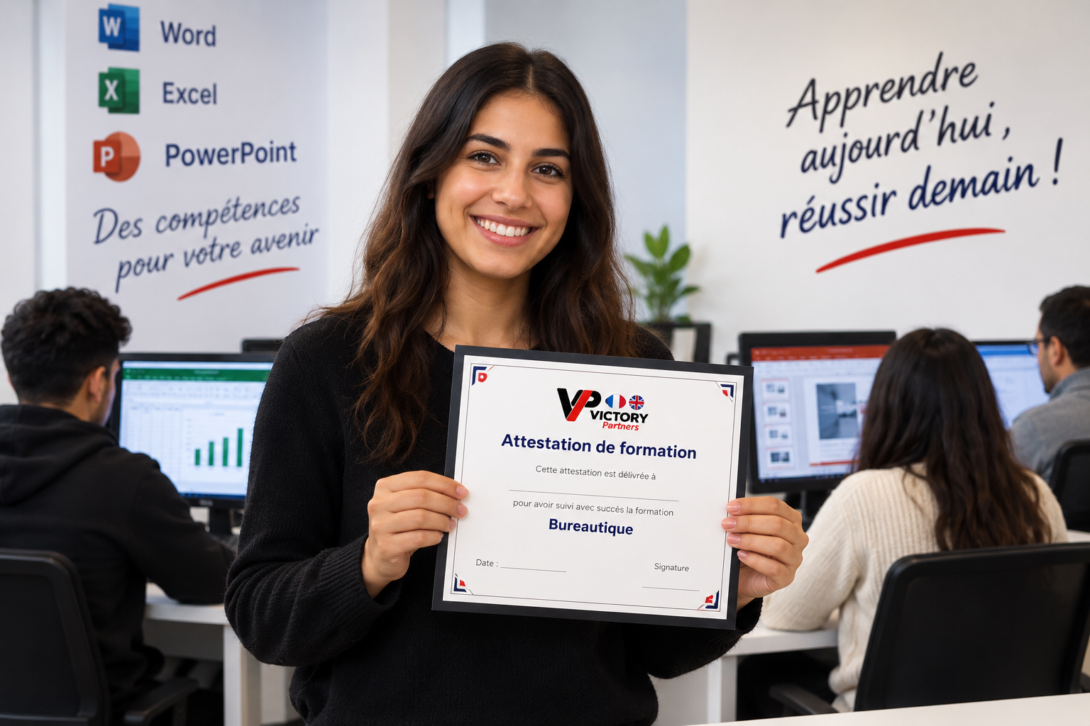 Apprenante avec son attestation de formation Victory Partners